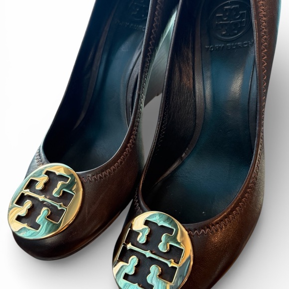 Tory Burch Sally Dark Brown Leather Wedge Heels Size 8.5 - Picture 4 of 7